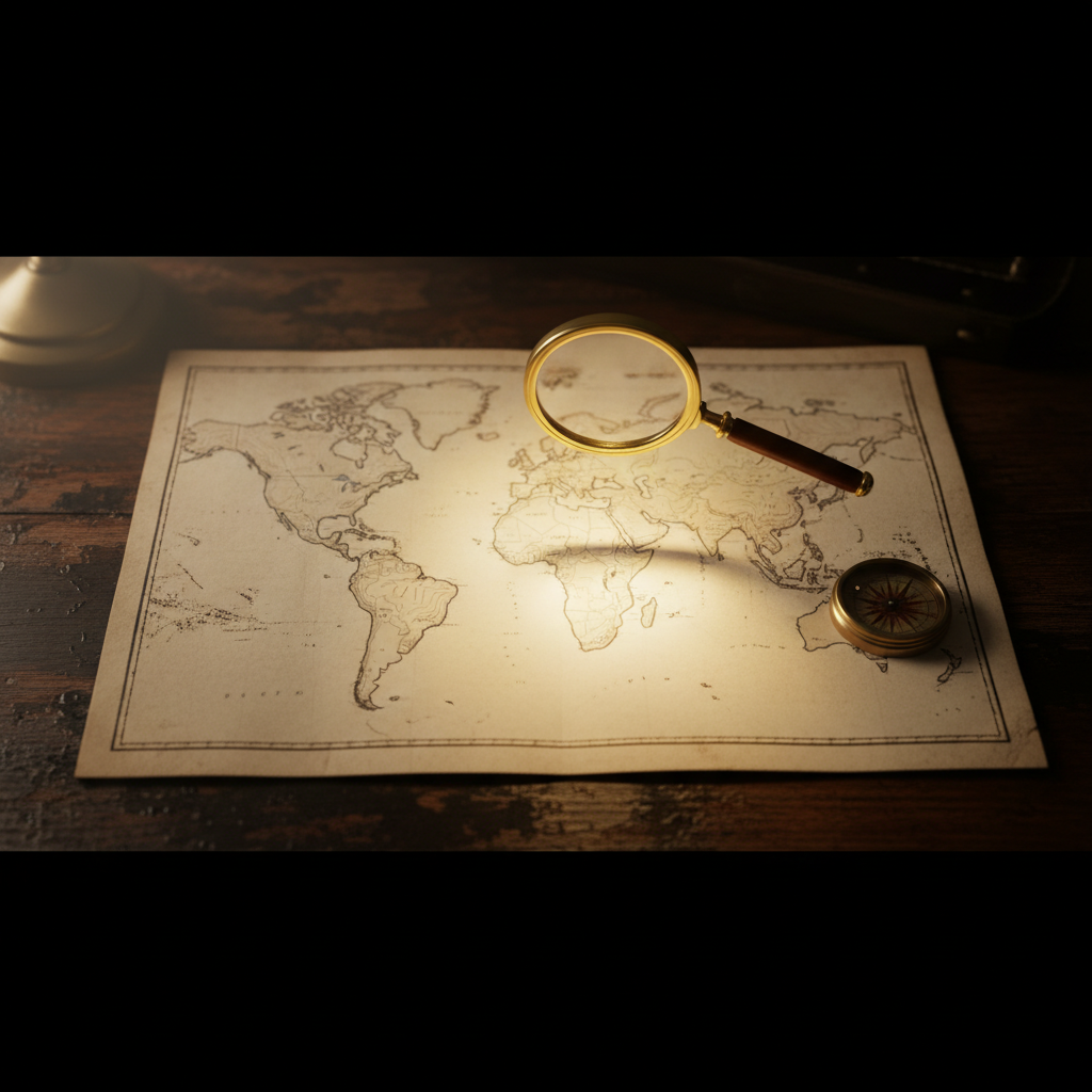 Cinematic overhead of an aged cream atlas map on dark mahogany with a brass magnifying glass projecting a warm-gold beam onto one continent, brass compass beside — representing AI Overviews scanning travel content