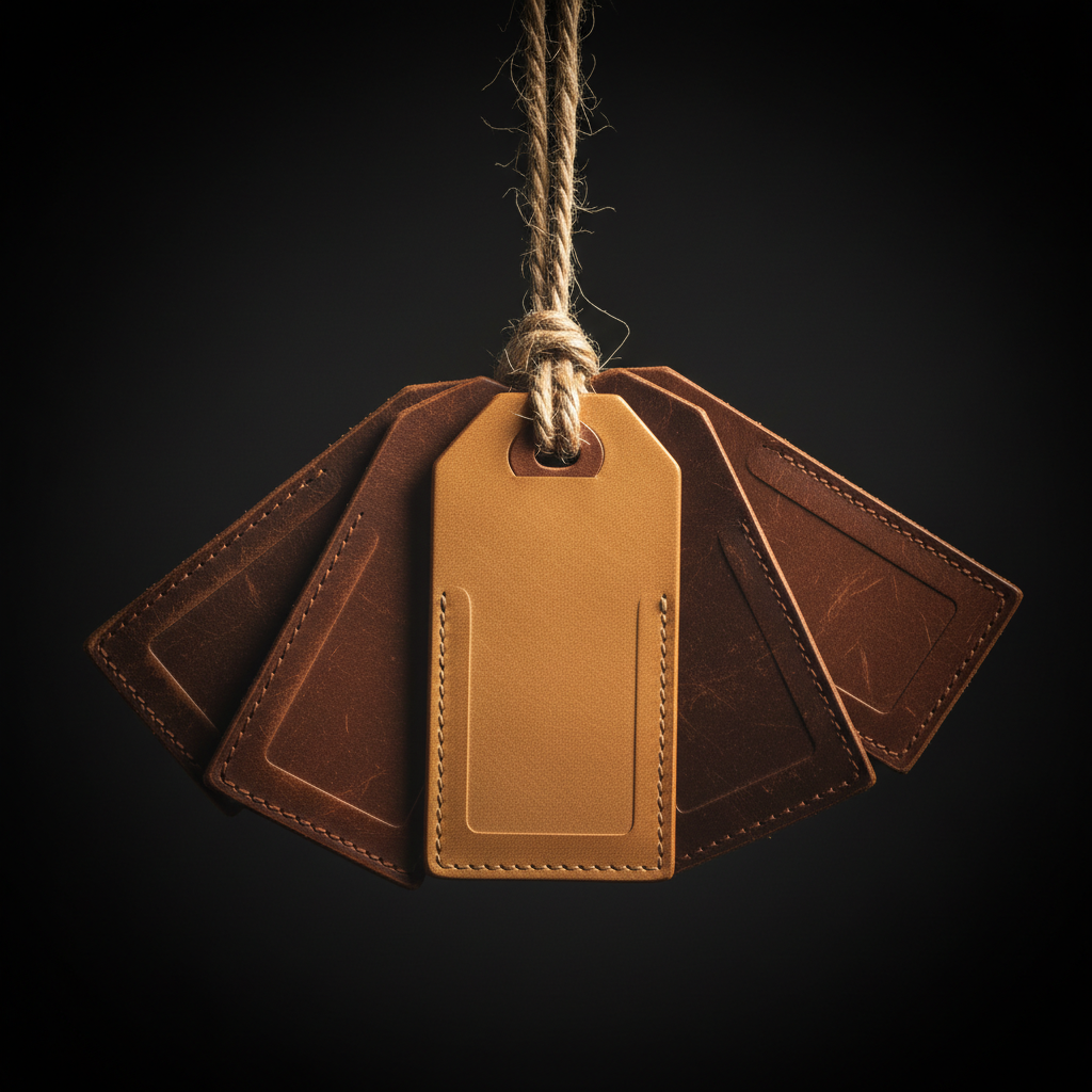 Cinematic macro of five vintage leather luggage tags strung on hemp twine, the central tag in polished golden tan leather catching warm light — representing the standout travel SEO service