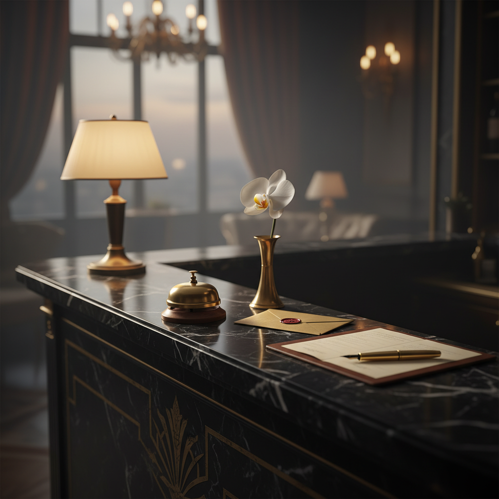 Cinematic vintage luxury hotel concierge desk at twilight with polished dark marble, gold inlay, brass concierge bell glowing under tungsten lamp, gold envelope with wax seal, white orchid in brass vase — representing luxury travel SEO