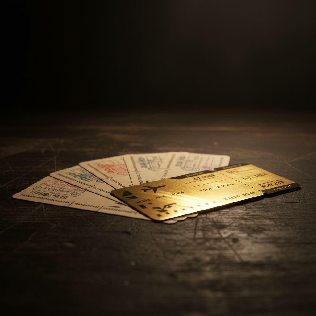 Cinematic macro of a fan of vintage boarding pass tickets spread on dark wood, six cream tickets and one in gleaming gold-foil catching the warm side light — representing the niche queries an independent travel agency can win above Expedia