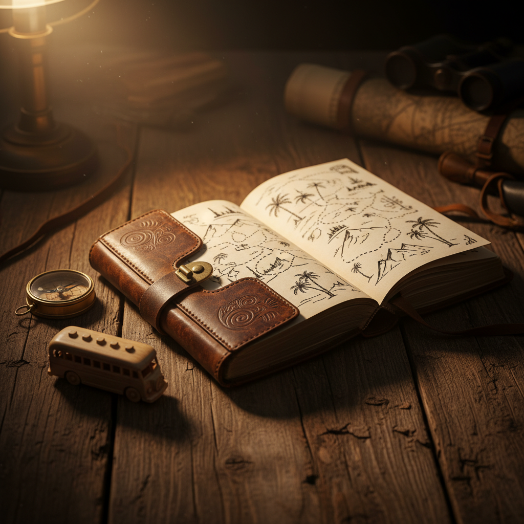 Cinematic open vintage leather-bound travel journal on weathered wood with hand-sketched map lines, dotted route trails and small mountain and palm sketches, brass compass and tiny wooden tour-bus beside — representing the tour-operator SEO playbook