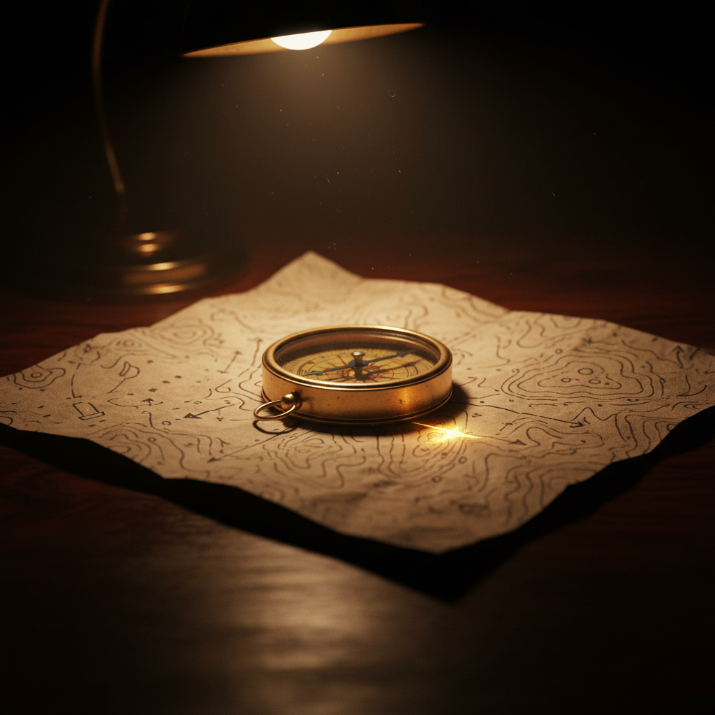 Cinematic macro of an antique brass compass resting on a folded weathered paper map under a warm tungsten lamp, the needle pointing to a glowing gold spot — representing the step-by-step SEO guide for travel agents