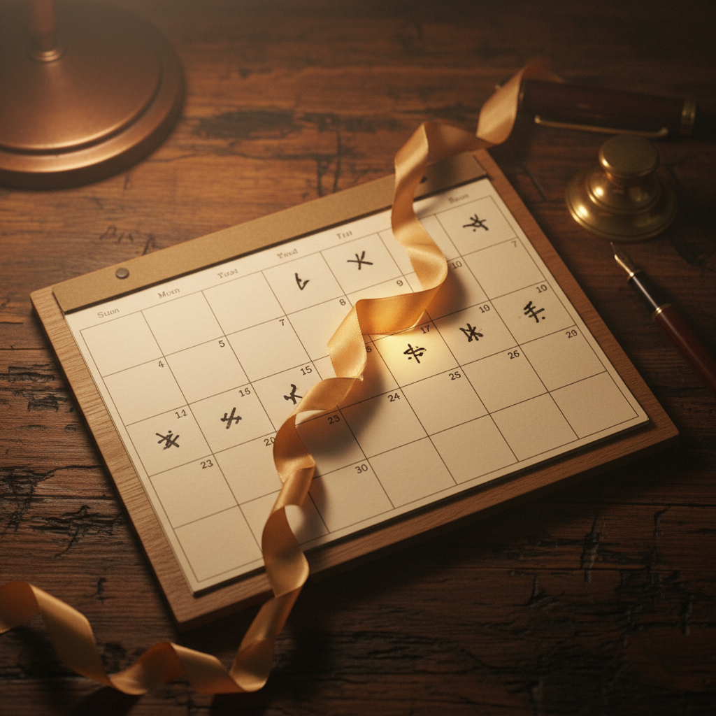 Cinematic overhead of a vintage wooden desk planner with abstract calendar grid and a curling warm-gold ribbon marking one square, brass paperweight and fountain pen beside — representing the travel SEO content calendar aligned to booking seasons