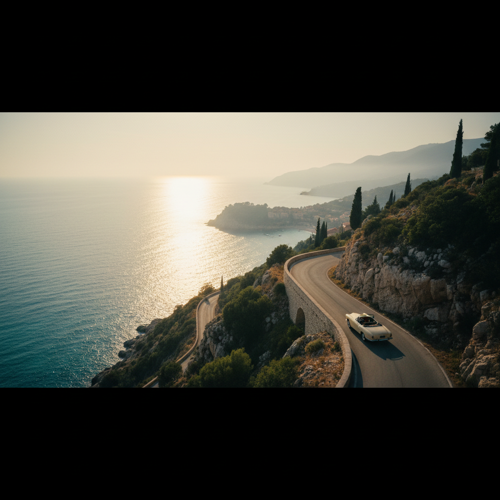 Cinematic landscape at golden hour of a Mediterranean cliff with a winding stone road, vintage cream convertible driving along the curve, turquoise sea below sparkling under warm-gold light, cypress trees and a distant coastal village — the romantic ideal of travel