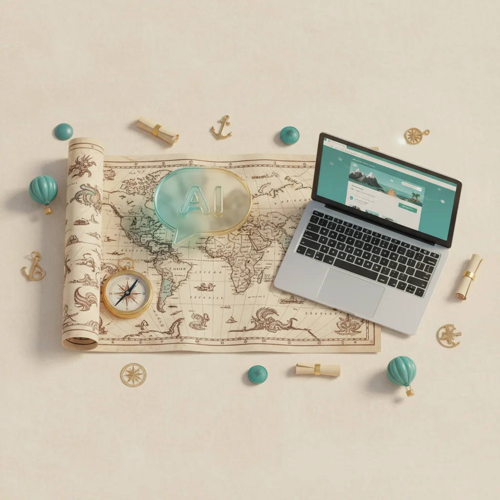 AtlasRank illustration: AI system scanning travel content like a magnifying glass over a destination atlas — atlas-rank.com