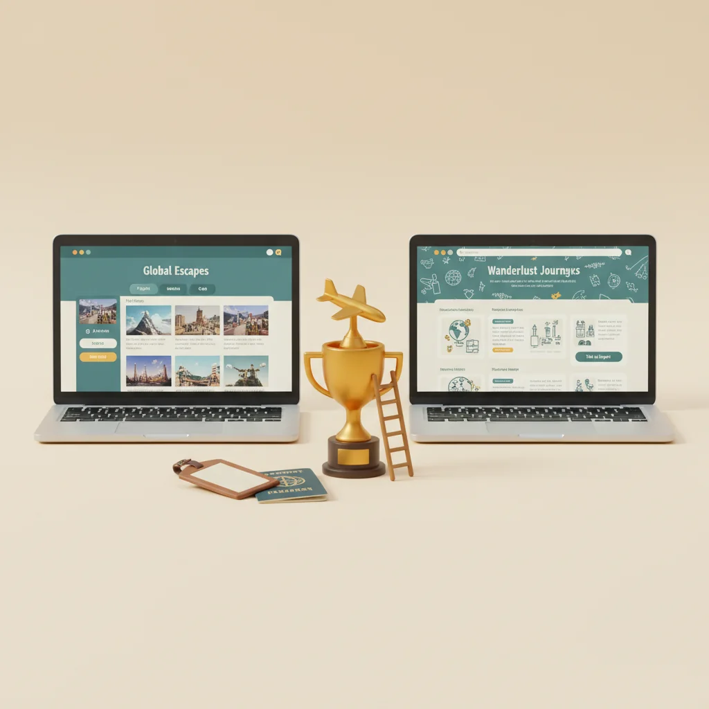 AtlasRank illustration: fan of vintage boarding passes with one in gold — representing the niche queries independent agencies can win above Expedia — atlas-rank.com