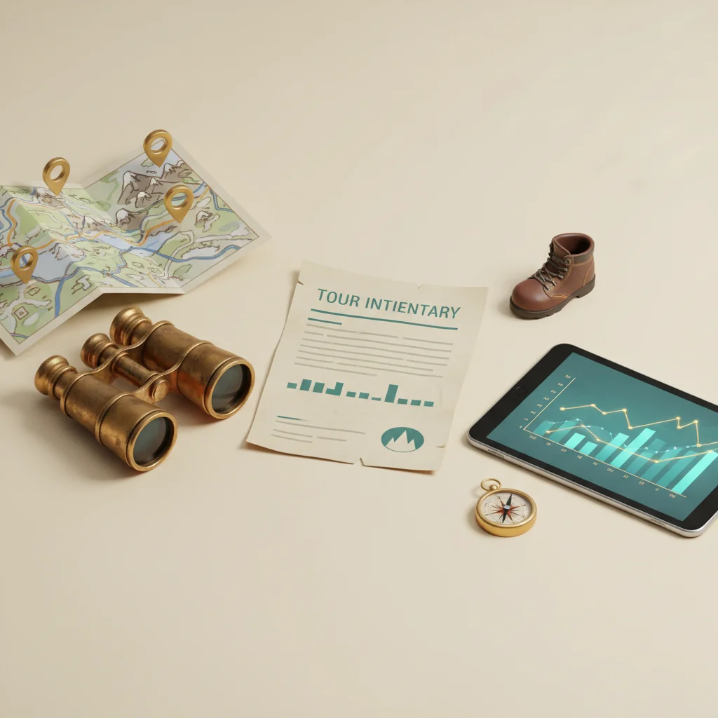 AtlasRank illustration: open vintage leather travel journal with hand-sketched routes and brass compass — representing the tour operator SEO playbook — atlas-rank.com