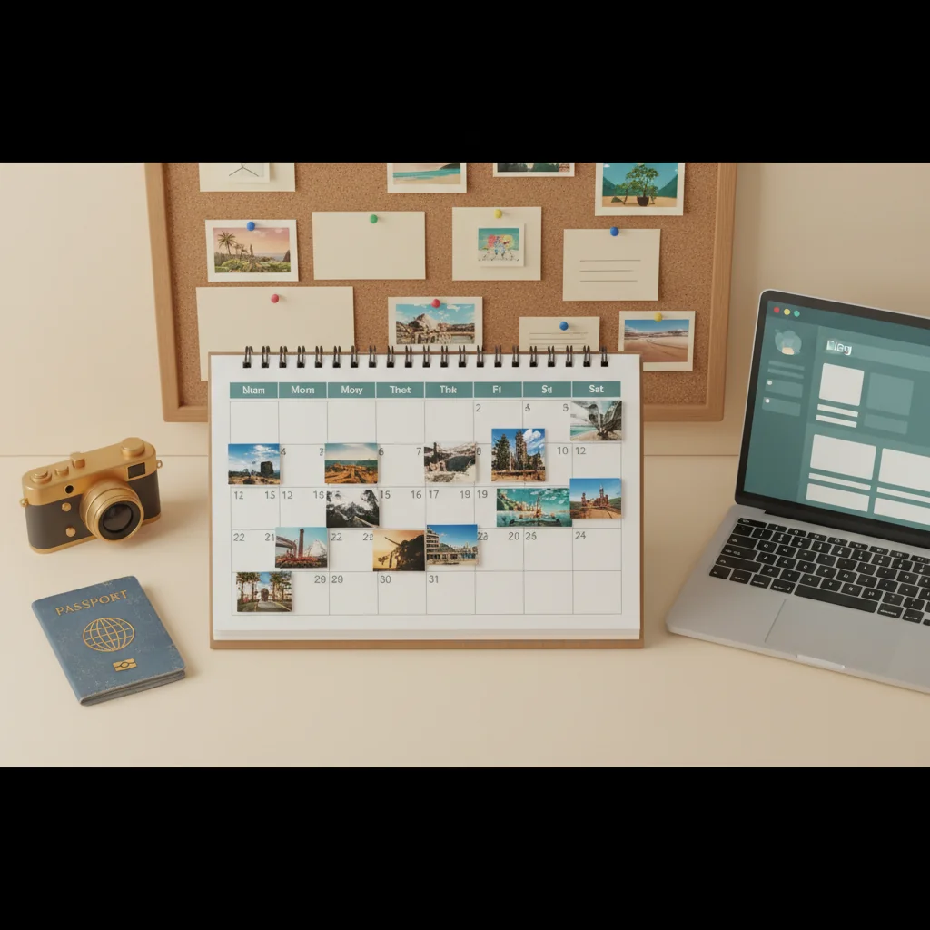 AtlasRank illustration: vintage desk planner with gold ribbon marking a booking season square — representing the travel SEO content calendar — atlas-rank.com